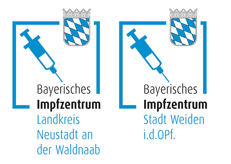 Das Bild zeigt das Logo des Impfzentrums Weiden i.d.OPf. Mit einer Spritze und weiß/blauen Rauten.