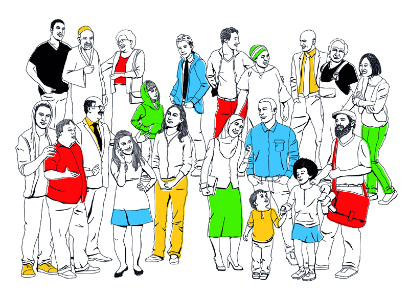 Dieses Bild zeigt eine Zeichung mit vielen unterschiedlichen Menschen mit schwarzem Stift gezeichnet. Jeder Mensch hat aber ein farbiges Kleidungsstück an.