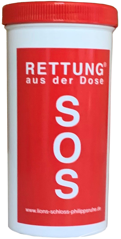 Dieses Bild zeigt eine Notfalldose. Mit weißer Schrift auf rotem Grund ist SOS aufgedruckt.