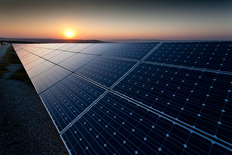 Das Bild zeigt Photovoltaikplatten in der auf- oder untergehenden Sonne.